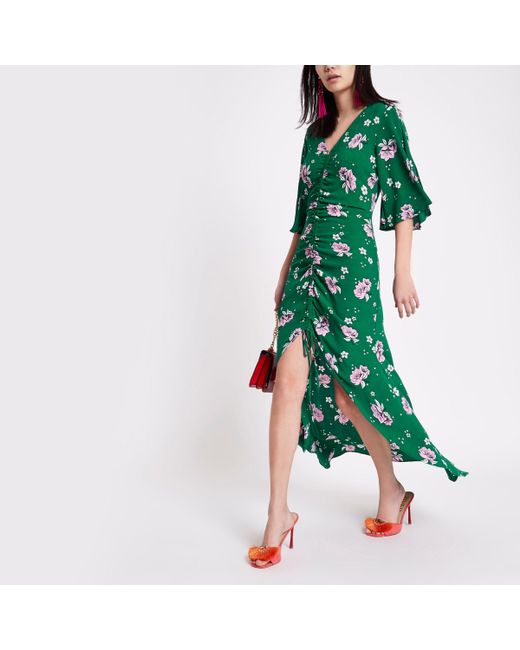 River Island Green Floral Print Ruched Front Maxi Dress