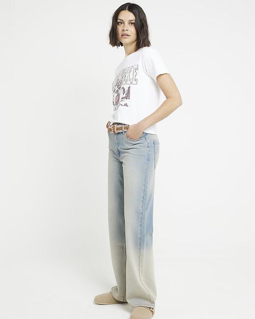 River Island Blue Mid Rise Relaxed Straight Faded Jeans