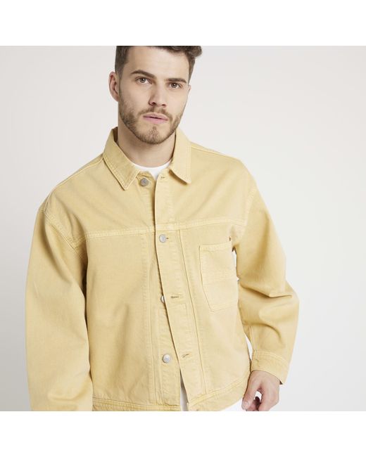 River Island White Yellow Oversized Fit Denim Jacket for men