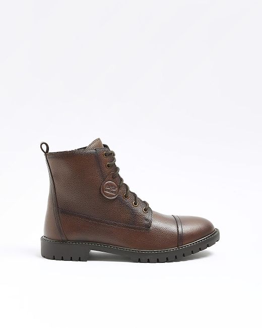 River Island Brown Leather Combat Boots for men