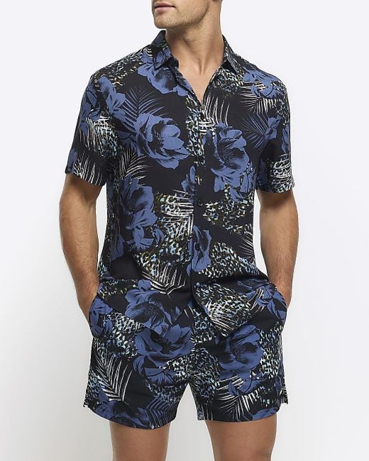 River Island Blue Regular Fit Floral Short Sleeve Shirt for men