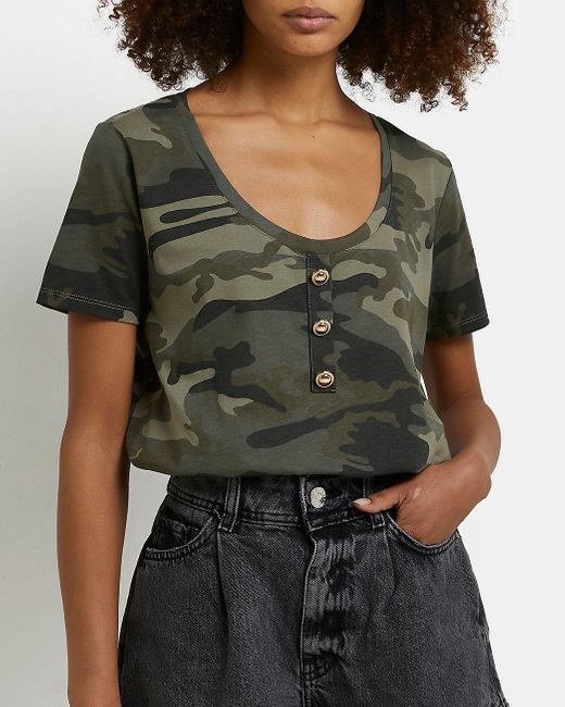 River Island Khaki Camo Print T-shirt 