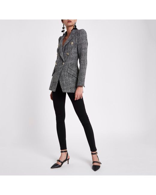 River Island Black Tweed Double Breasted Tux Jacket