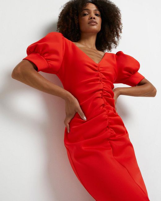 River Island Red Ruched Bodycon Midi Dress | Lyst Canada