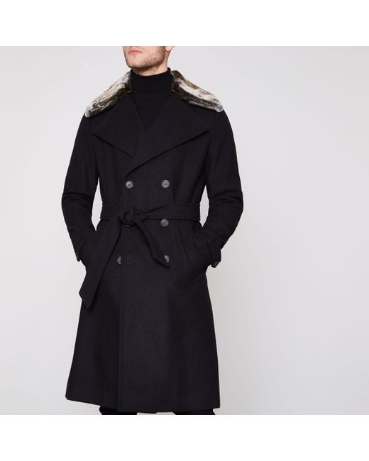 River Island Black Faux Fur Collar Belted Trench Coat for men
