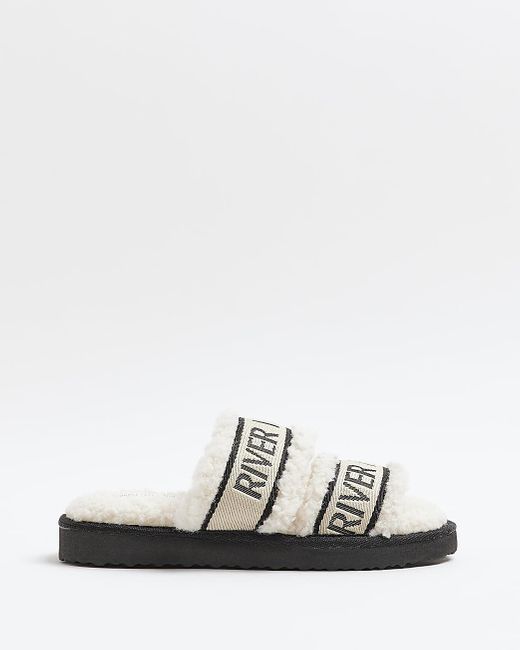 River Island Borg Double Strap Slippers in White | Lyst