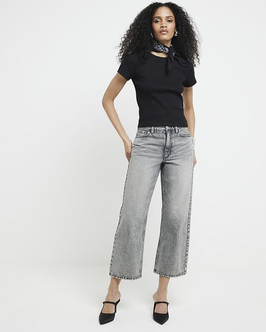 River Island Gray Grey Relaxed Straight Fit Cropped Jeans