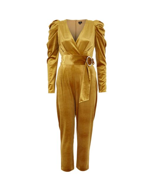 River Island Yellow Velvet Puff Sleeve Belted Jumpsuit