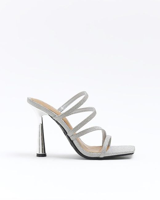 River Island White Silver Wide Fit Glittered Heeled Mule Sandals