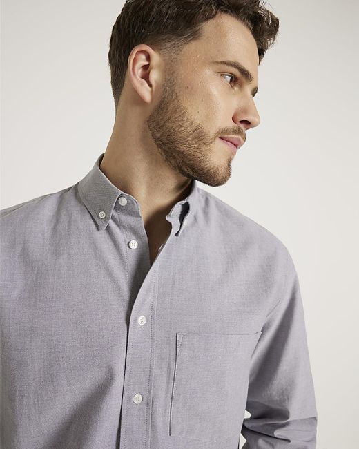 River Island Gray Grey Regular Fit Long Sleeve Oxford Shirt for men