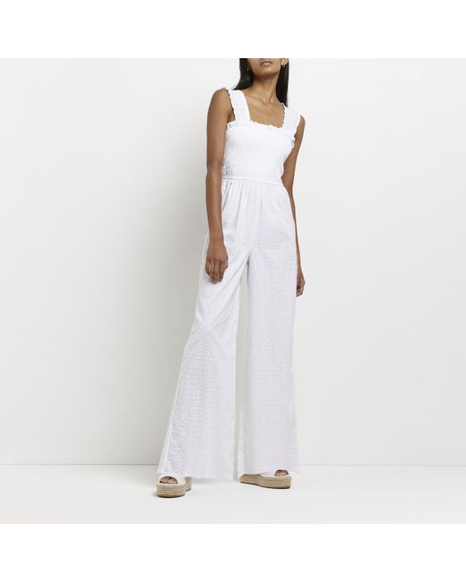 River Island White Broderie Shirred Jumpsuit Lyst UK