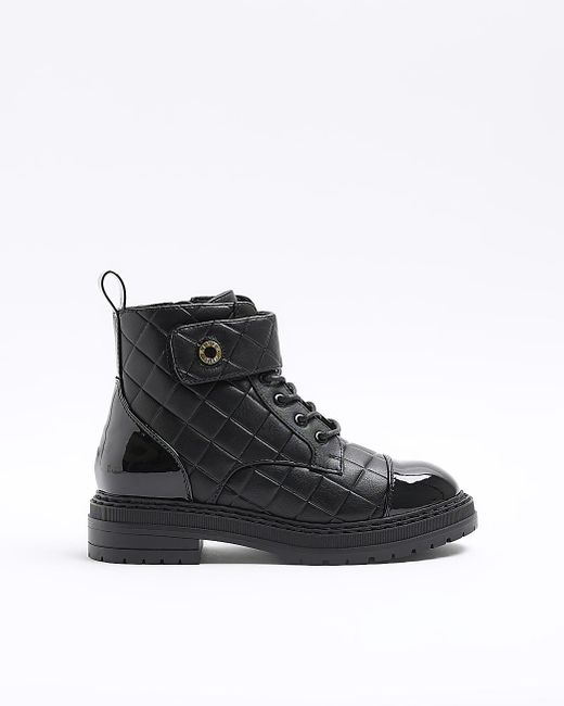 River Island Black Quilted Lace Up Boots