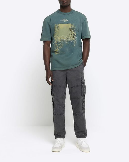 River Island Blue Washed Green Regular Fit Graphic T-shirt for men
