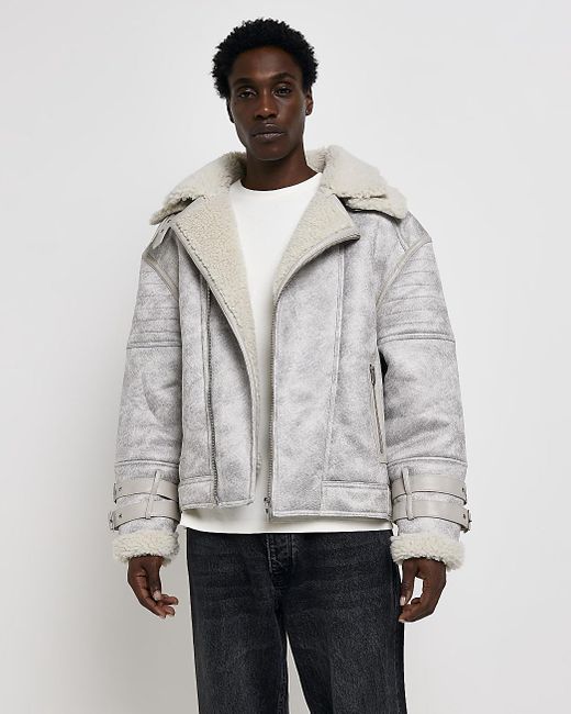 River Island Gray White Crackle Faux Shearling Aviator Jacket for men