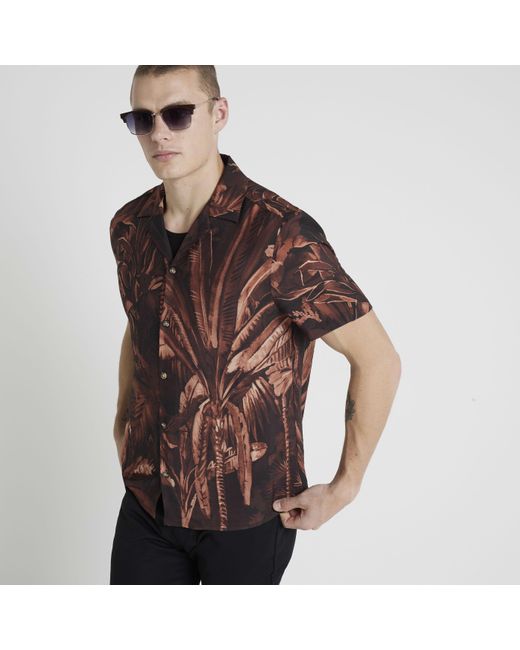 River Island Brown Palm Print Short Sleeve Shirt for men