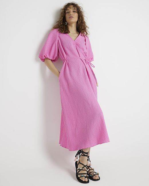 River Island Pink Puff Sleeve Belted Textured Dress