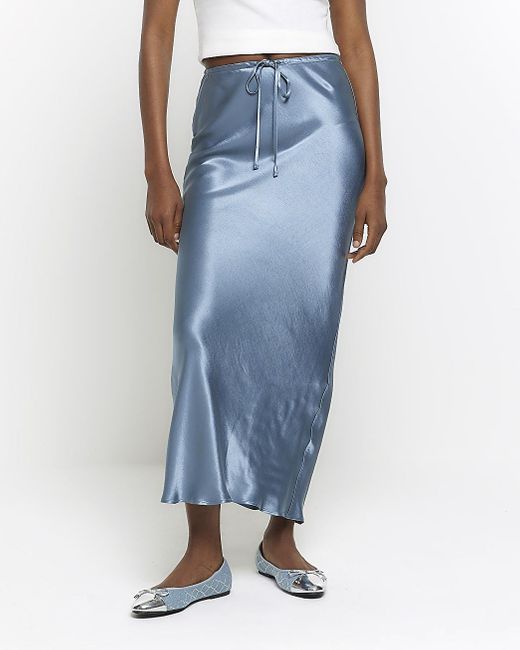River Island Blue Satin Tie Waist Midi Skirt
