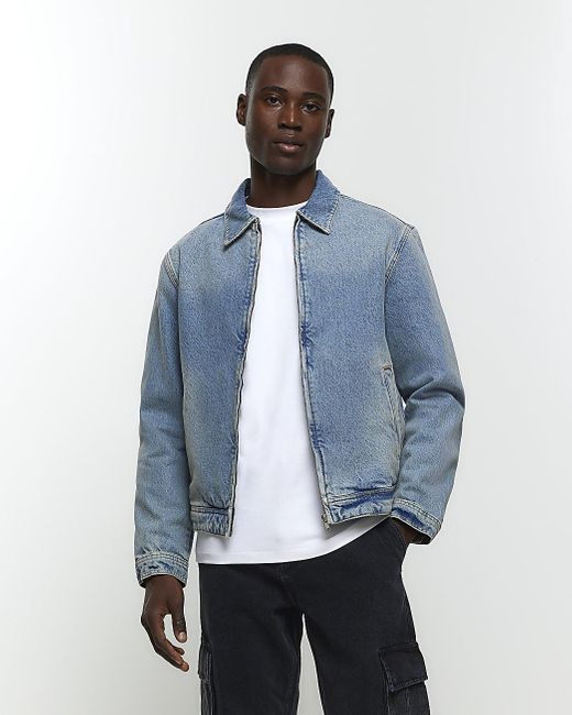 River Island Denim Bomber Jacket in Blue for Men | Lyst