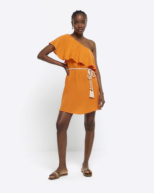 River Island Orange Off Shoulder Belted Shift Mini Dress