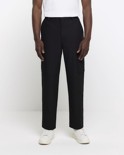 River Island Black Tapered Fit Plisse Cargo Trousers for men