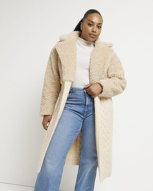 River Island Natural Plus Cable Knit Borg Cardigan