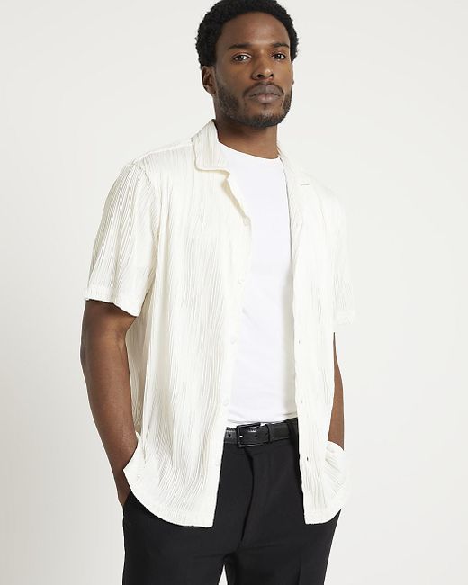 River Island White Ecru Regular Fit Plisse Revere Shirt for men