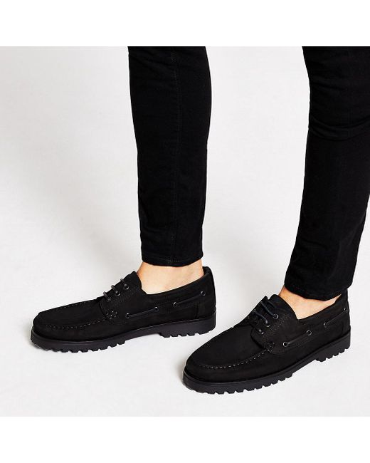River Island Black Leather Chunky Boat Shoes for Men Lyst