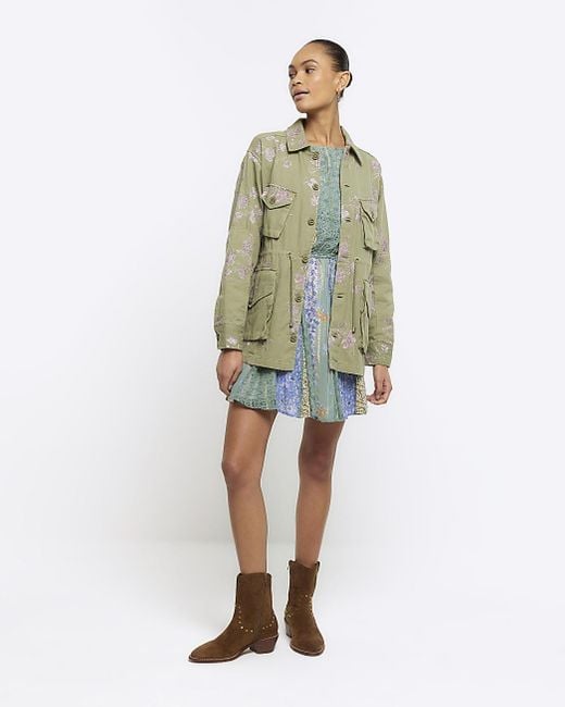 River Island Green Khaki Embroidered Floral Utility Shacket