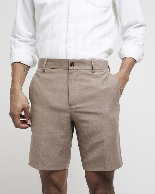 River Island White Beige Slim Fit Linen Blend Shorts for men