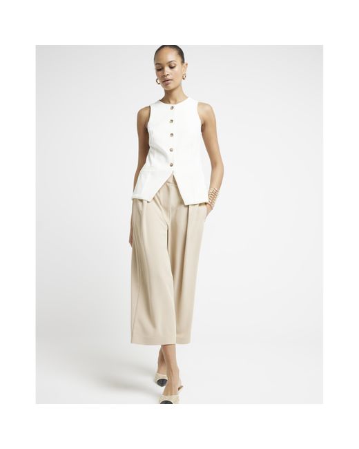 River Island Natural Beige Wide Leg Pleated Cropped Trousers