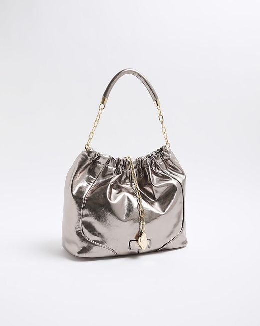 River Island White Silver Ruched Tote Bag