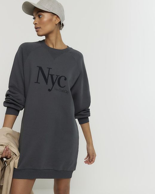 River Island Gray Grey Nyc Graphic Sweatshirt Mini Dress