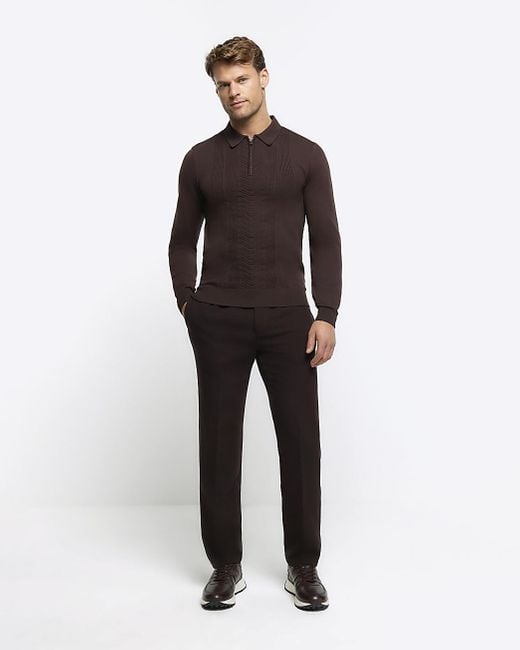 River Island Brown Muscle Textured Knit Long Sleeve Polo for men