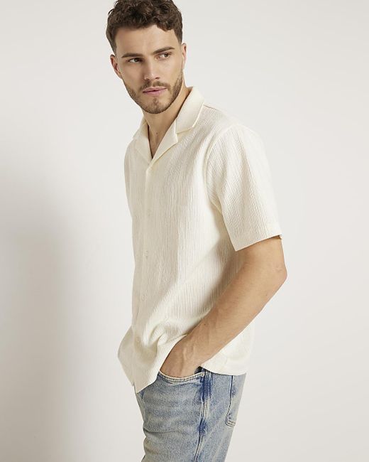River Island White Ecru Regular Fit Revere Plisse Shirt for men
