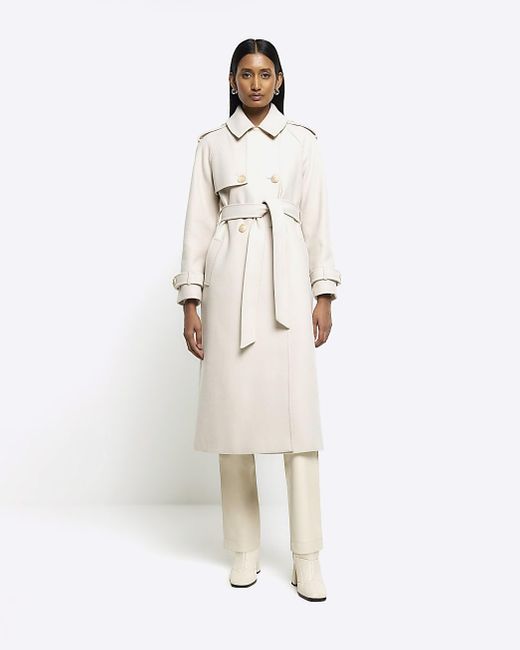 River Island White Brown Belted Longline Trench Coat