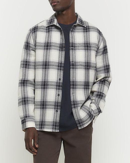 River Island Gray White Slim Fit Waffle Textured Check Shirt for men
