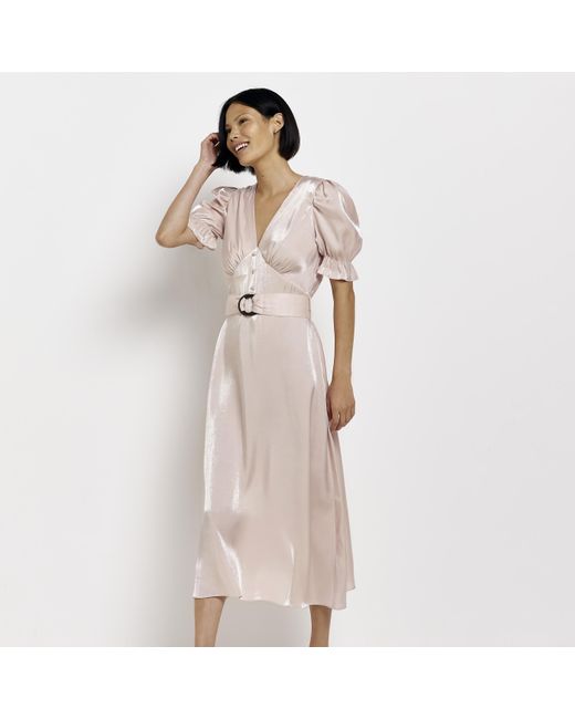 Belted Puff Sleeve Midi Dress in Pink 