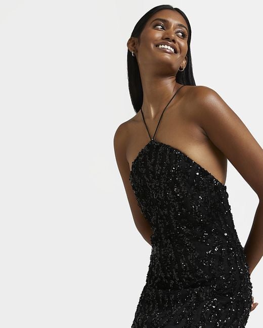 River Island Black Sequin Halter Neck Maxi Dress | Lyst