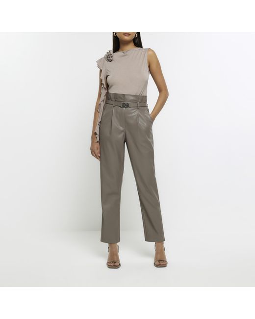 River Island Natural Grey Faux Leather Belted Paperbag Trousers