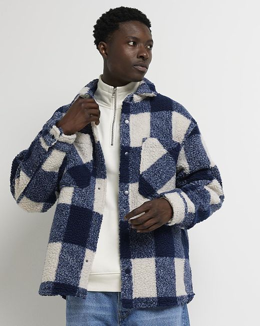 River Island Navy Oversized Fit Check Shacket in Blue for Men Lyst