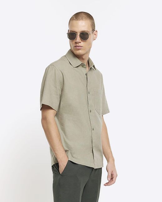 River Island Natural Green Slim Fit Linen Blend Shirt for men
