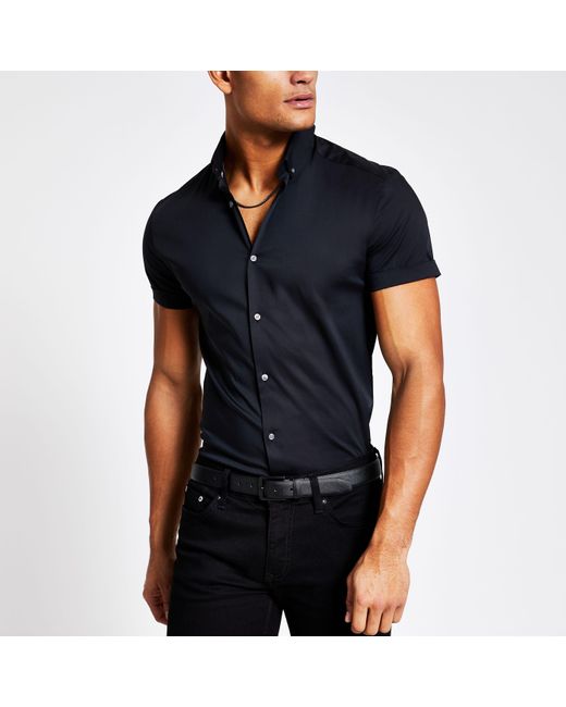 River Island Black Muscle Fit Short Sleeve Shirt for men