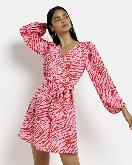 River Island Pink Satin Animal Print Mini Dress Lyst UK