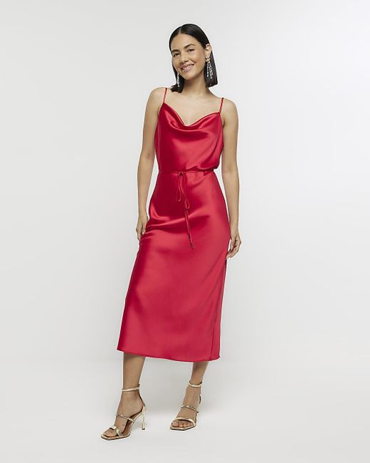 River Island Satin Cowl Neck Slip Midi Dress In Red Lyst 3489