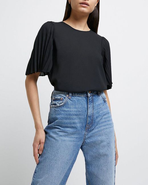 River Island Pleated Detail T-shirt in Black - Lyst