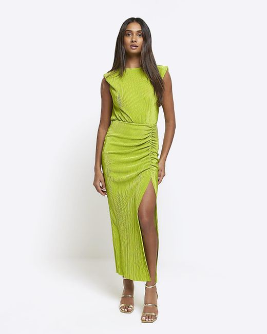 River Island Green Lime Plisse Ruched Bodycon Midi Dress