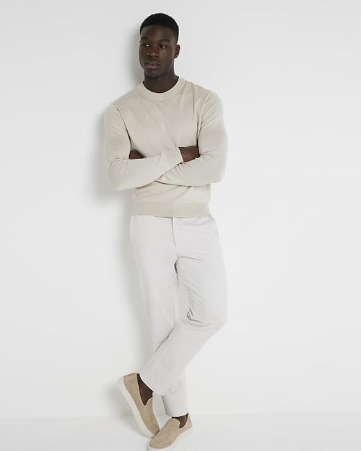 River Island White Beige Slim Fit Pull On Twill Jogger for men