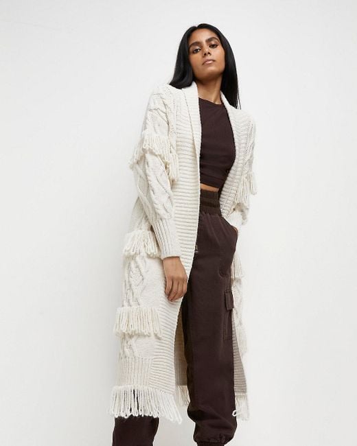 River Island Natural Cream Fringe Detail Cable Knit Maxi Cardigan