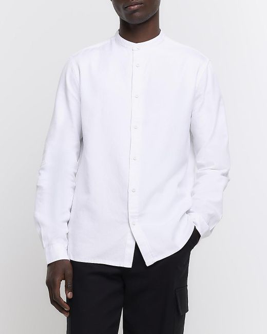 River Island White Slim Fit Grandad Collar Shirt for men