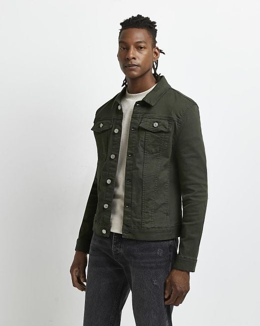 River Island Green Dark Muscle Fit Denim Jacket for men